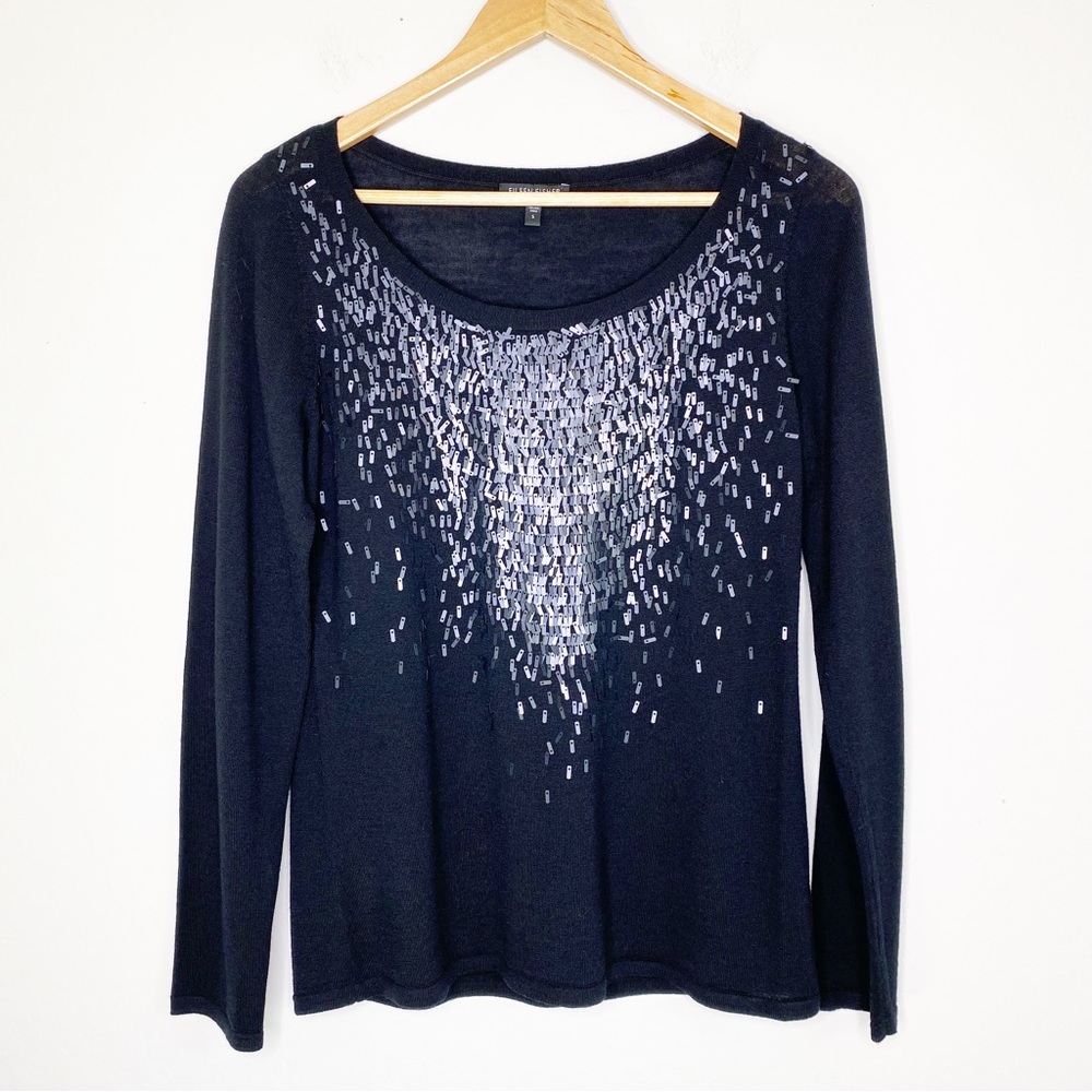 Eileen Fisher Merino Wool Embellished Long Sleeve Sweater Black Size S